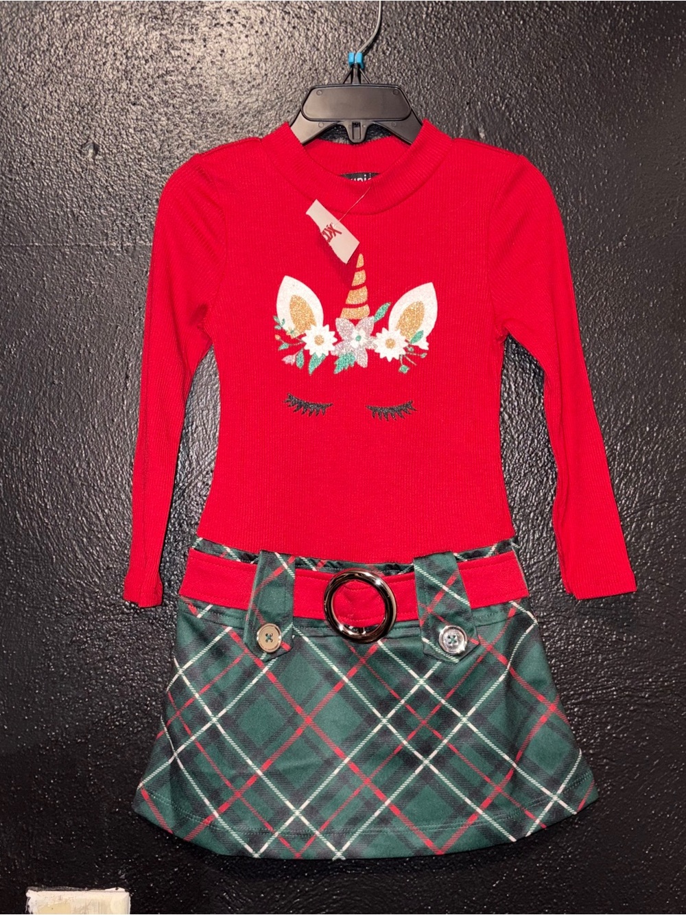 Toddler Girls Christmas Dress Unicorn Design Red and Green Plaid Skirt Size 4T